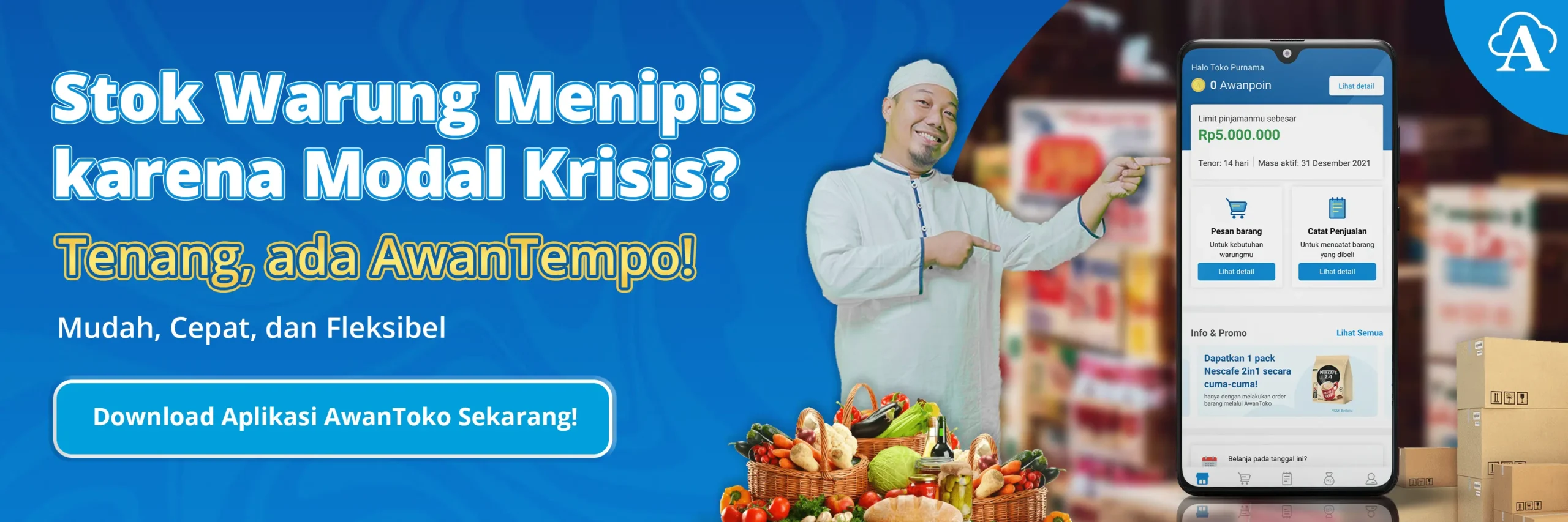 Banner layanan bantuan permodalan AwanTempo untuk warung sembako